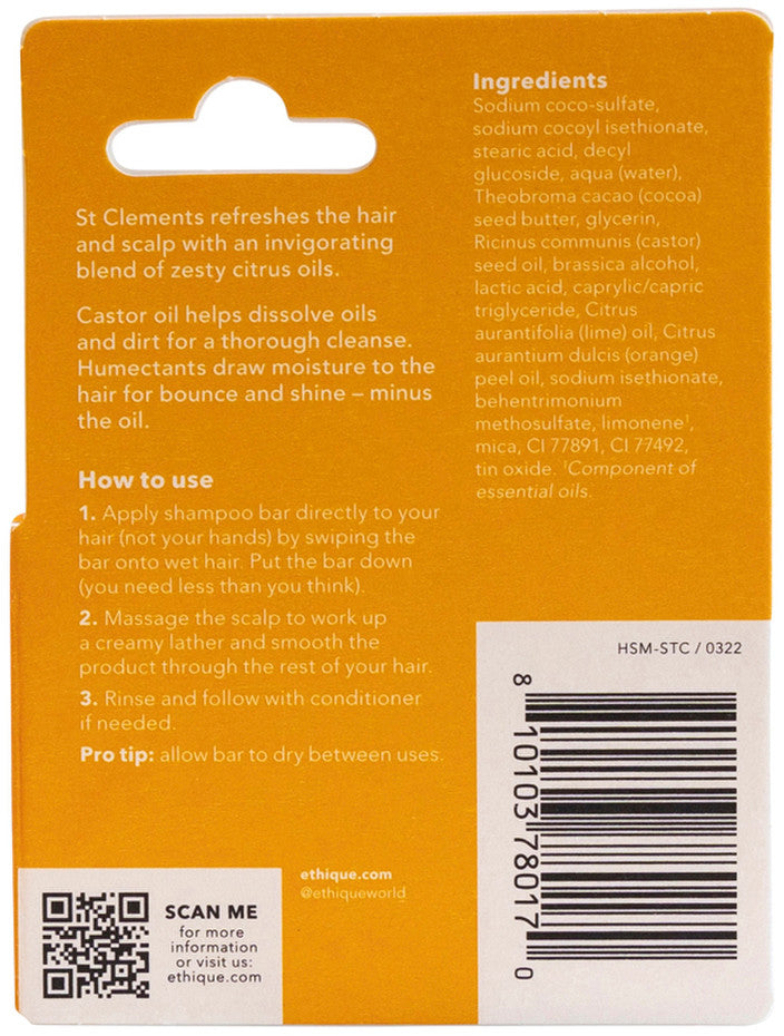Ethique Bar Shampoo Clarifying Solid St Clements (Refreshes Oily Hair) 15g