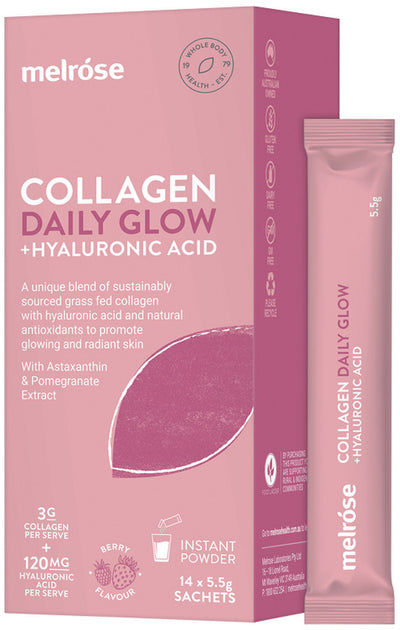 Melrose Collagen Daily Glow + Hyaluronic Acid Berry Flavour Instant Powder Sachets 5.5g X 14 Pack