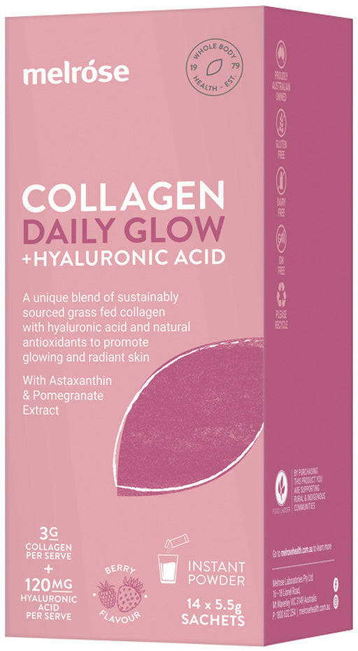 Melrose Collagen Daily Glow + Hyaluronic Acid Berry Flavour Instant Powder Sachets 5.5g X 14 Pack