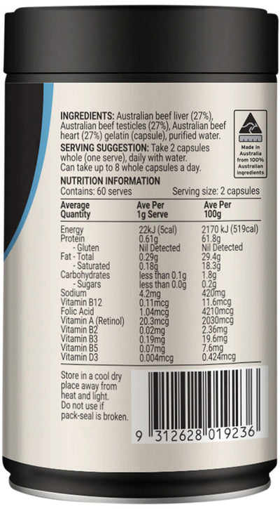 Melrose Origins Men's Optimal (Grass Fed Beef Organs 1000mg: Liver + Testicles + Heart) 120C