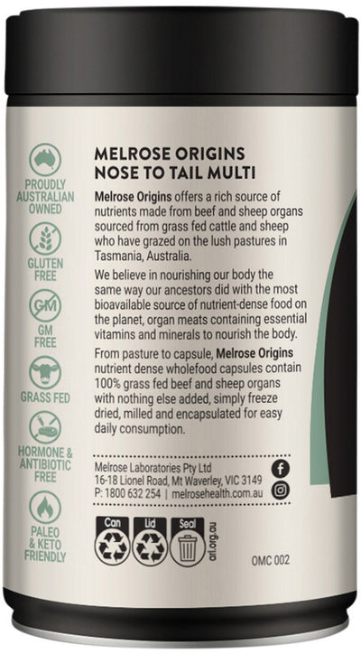 Melrose Origins Nose To Tail Multi (Grass Fed Organs 1000mg: Liver + Heart + Kidney + Brains) 120C