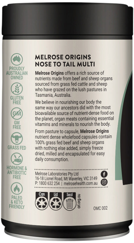 Melrose Origins Nose To Tail Multi (Grass Fed Organs 1000mg: Liver + Heart + Kidney + Brains) 120C