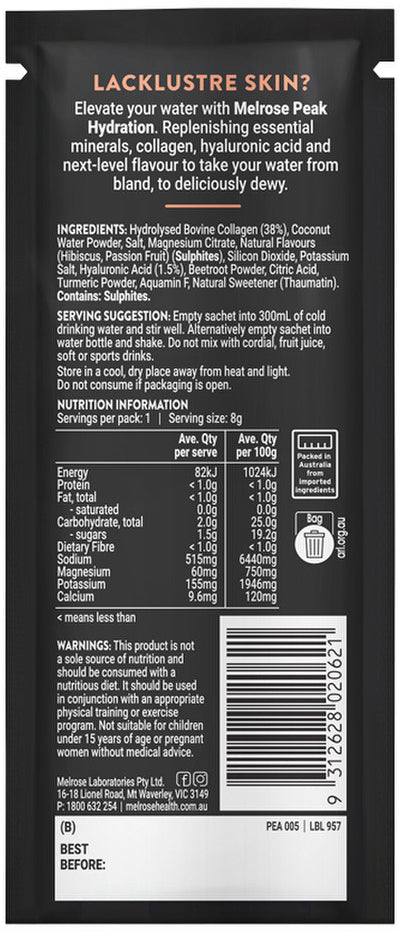 Melrose Peak Hydration + Collagen Booster Passionfruit Hibiscus Sachet 8g