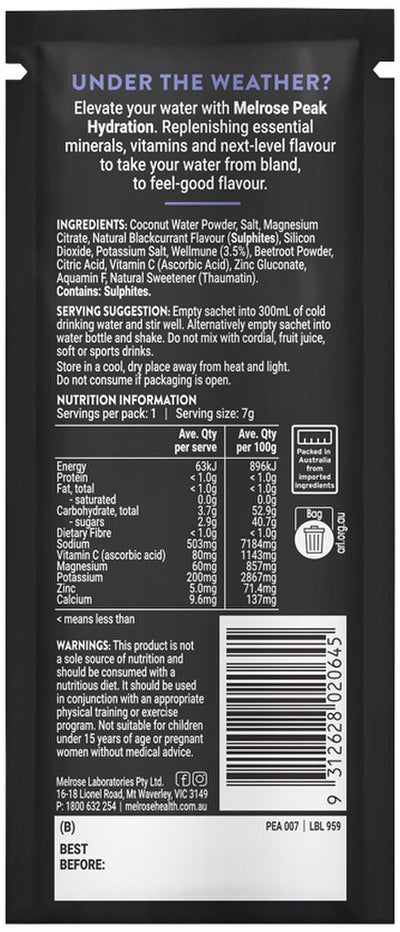 Melrose Peak Hydration + Immunity Blackcurrant Sachet 7g