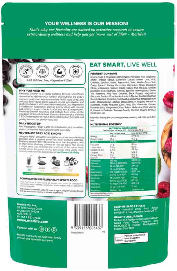 Morlife Alkalising Greens Berry Burst 200g