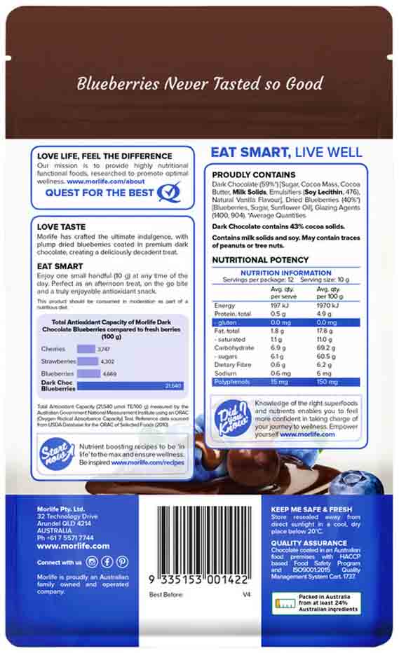 Morlife Dark Chocolate Blueberries 125g