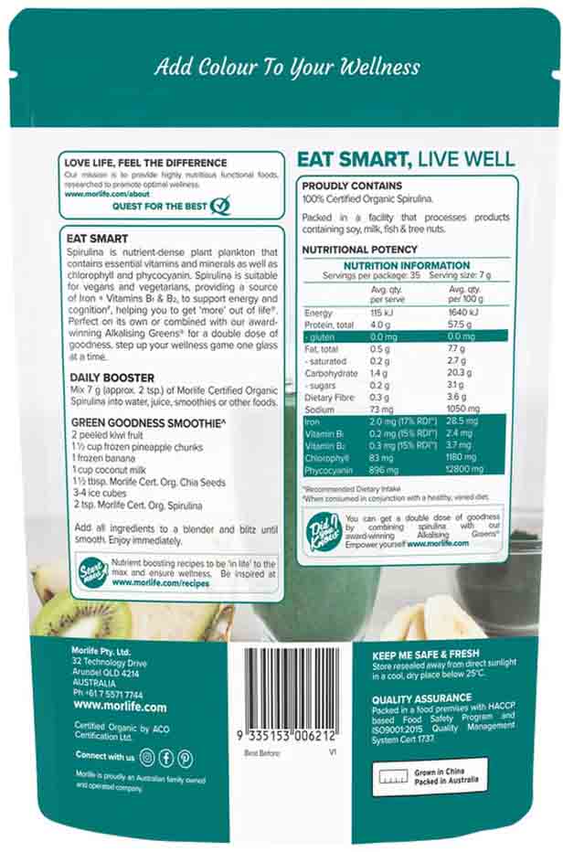 Morlife Certified Organic Spirulina Powder 250g