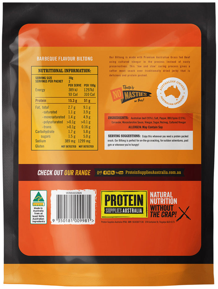 Protein Supplies Australia Australian Grass Fed Biltong Beef Barbeque 60g