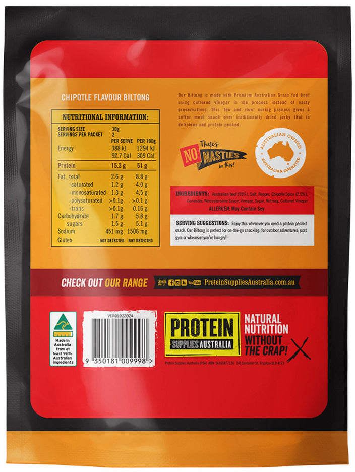 Protein Supplies Australia Australian Grass Fed Biltong Beef Chipotle 60g
