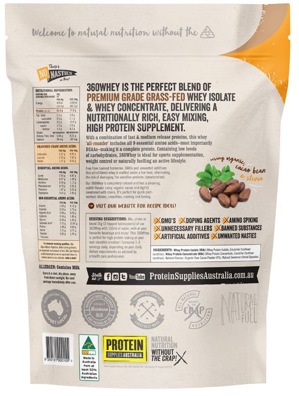 Protein Supplies Australia Protein 360 Whey (Complete Protein with BCAA) Chocolate 500g