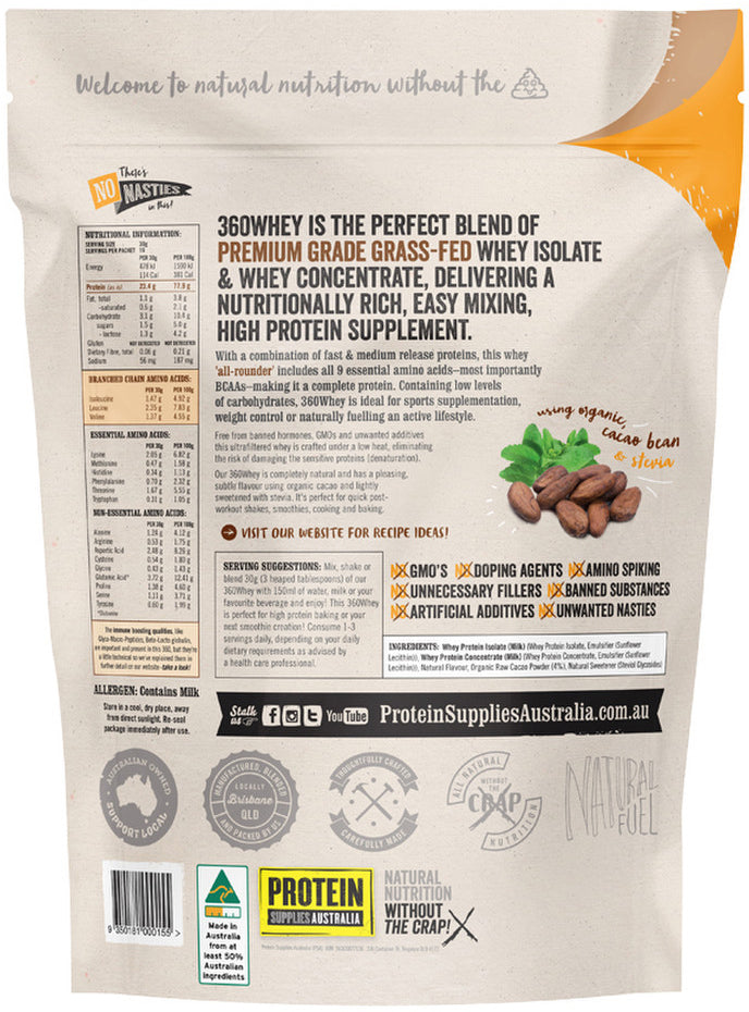 Protein Supplies Australia Protein 360 Whey (Complete Protein with BCAA) Chocolate 500g
