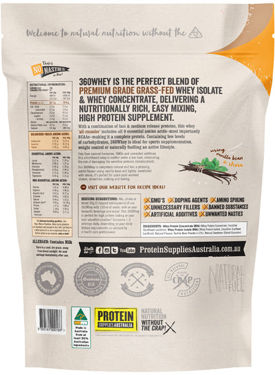 Protein Supplies Australia Protein 360 Whey (Complete Protein with BCAA) Vanilla Bean 500g