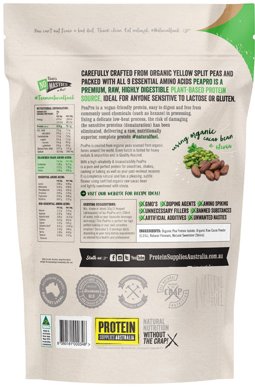 Protein Supplies Australia Protein Pea Pro (Raw Organic Pea Protein) Chocolate 1kg