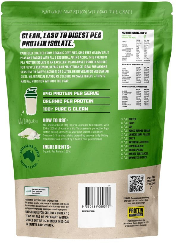 Protein Supplies Australia Protein Pea Pro (Raw Organic Pea Protein) Pure 1kg
