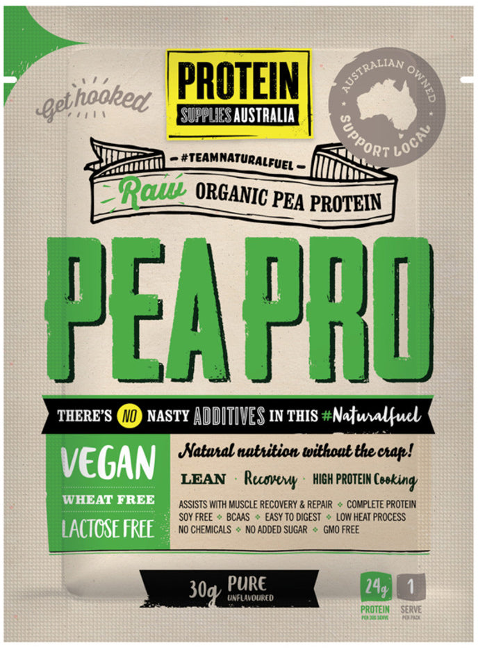 Protein Supplies Australia Protein Pea Pro (Raw Organic Pea Protein) Pure Sachets 30g x 12 Display