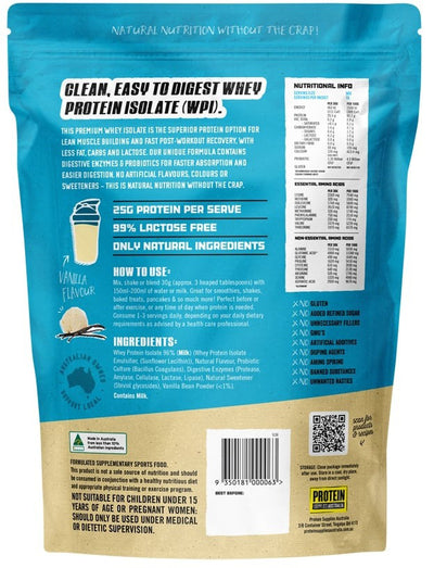 Protein Supplies Australia Protein WPI (Fast Release High Protein) Vanilla Bean 500g