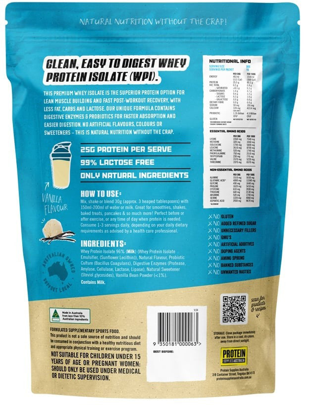 Protein Supplies Australia Protein WPI (Fast Release High Protein) Vanilla Bean 500g