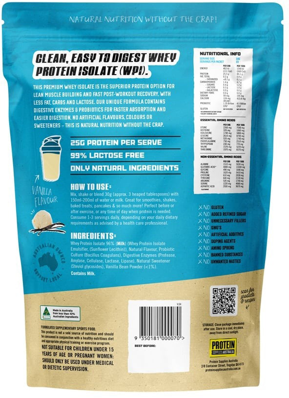 Protein Supplies Australia Protein WPI (Fast Release High Protein) Vanilla Bean 1kg