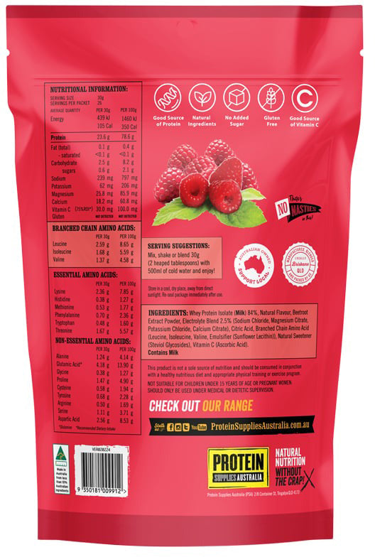 Protein Supplies Australia Protein Water (contains Electrolytes + BCAAs) Raspberry 800g