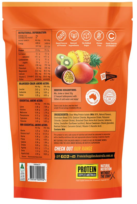 Protein Supplies Australia Protein Water (contains Electrolytes + BCAAs) Tropical Punch 800g